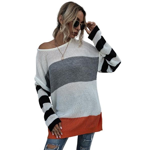 

women's sweaters women long sleeve knitted sweater loose pullover color block wide stripes round-neck slounchy tunic streetwear, White;black
