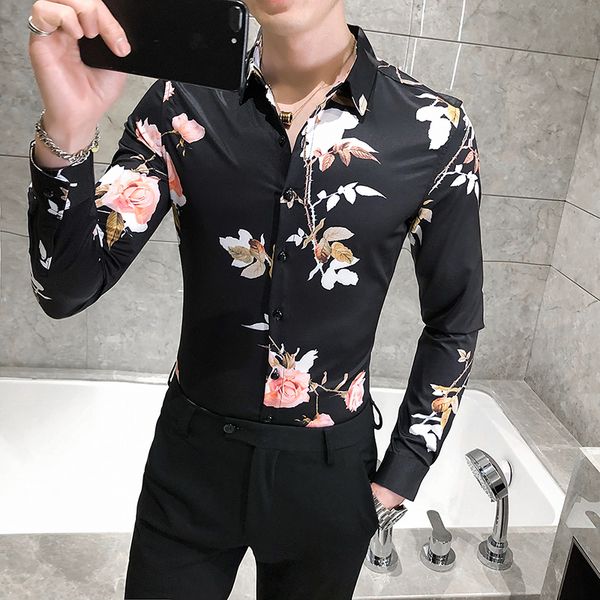

british 2021 new style men's shirt wears casual digital for men thin sleeve fitting long floral shirts club tuxedo 0hox, Black;brown