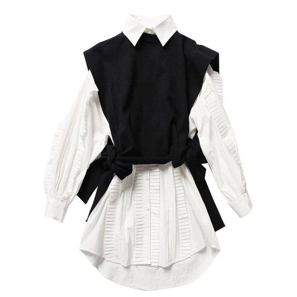 

two piece dress mevgo 2021 autumn black knitted vest+plested shirt 2 set women fashion white draped with vest suit hd2523