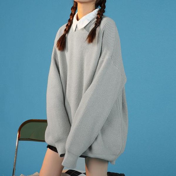 

women's sweaters sweater 2021 autumn winter warm solid white grey pink blue oversize pullovers o-neck knitted jumpers harajuku, White;black