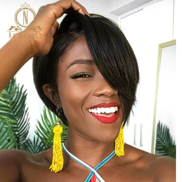 

lace wigs black human hair wig pixie cut straight short bob t part brazilian for women remy nabeauty, Black;brown