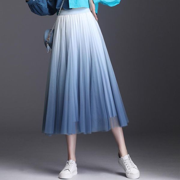 

skirts mesh skirt a-line long faldas jupe femme saia 2021 elegant women summer boho high waist gradient color, Black