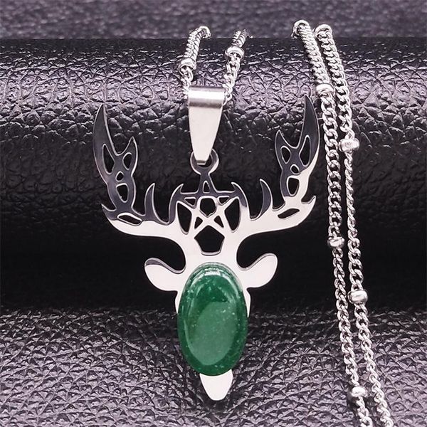 

pendant necklaces stainless steel natural stone witchcraft pentagram deer charm necklace silver color animal jewery bijoux nxs04