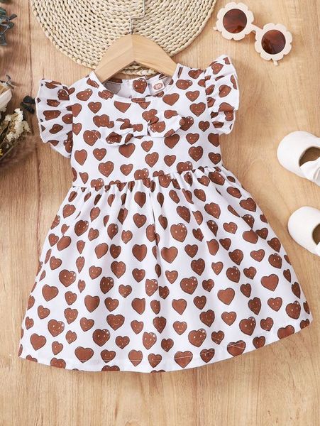 

baby heart print ruffle trim bow front dress she, Red;yellow