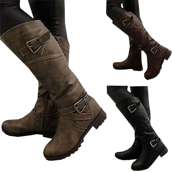 

boots autumn winter womens knee high calf biker ladies zip punk military combat army party women's shoes, Black