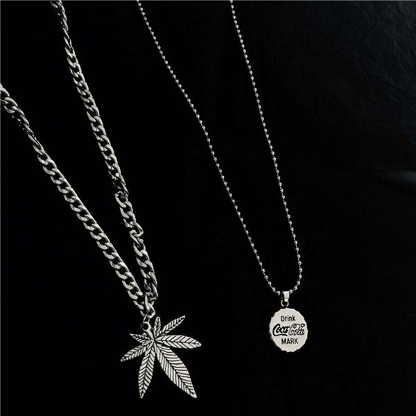 

hbp hip hop trend versatile fashion men and women make old leaves double clavicle chain beer cover pendant personality necklace, Silver