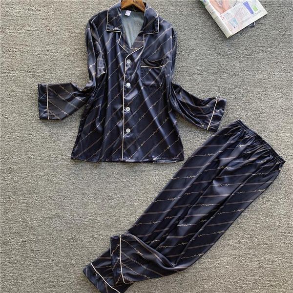 

men's stain silk pajama set men silk sleepwear men modern style soft cozy satin nightgown sets, Black;brown