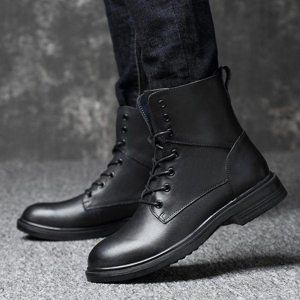 

boots brand leather ankle autumn winter men's fashion motorcycle outdoor working snow men shoes 2021, Black
