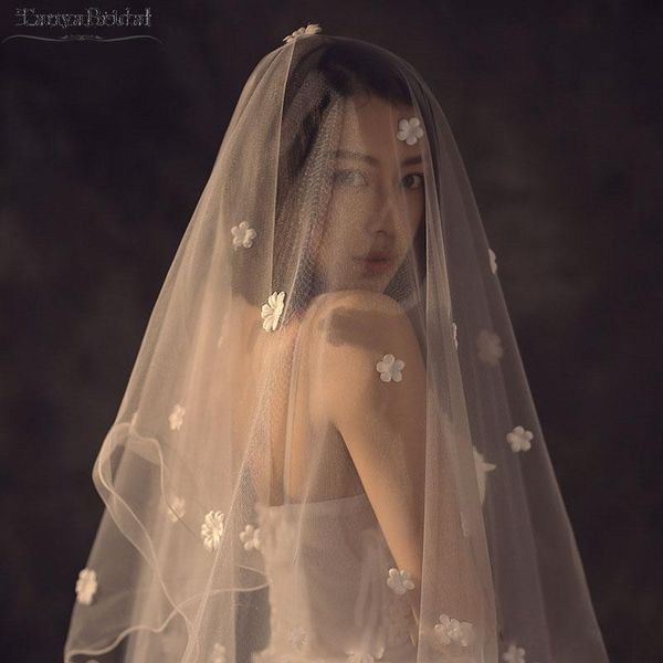 

bridal veils 3m length fairy wedding little flowers appliques veu de noiva longo elegant boho dv008, Black