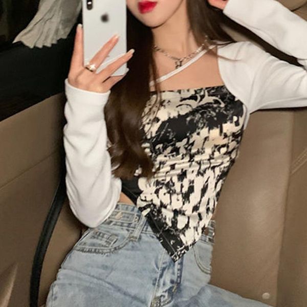 

women's t-shirt square collar tie dye asymmetry slim woman's splicing long sleeve short woman korea fashion fake two tees women, White