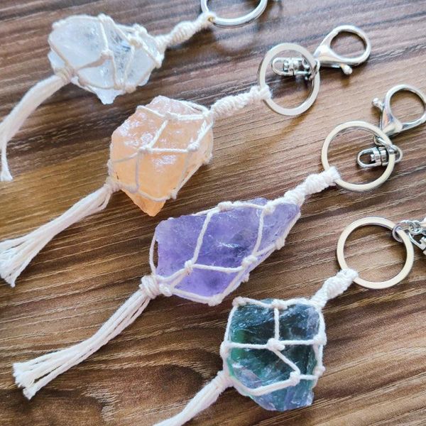 

keychains irregular handmade wrap stone hanging rope buckle car keyring tassel energy yoga crystal pendant reiki jewelr, Silver