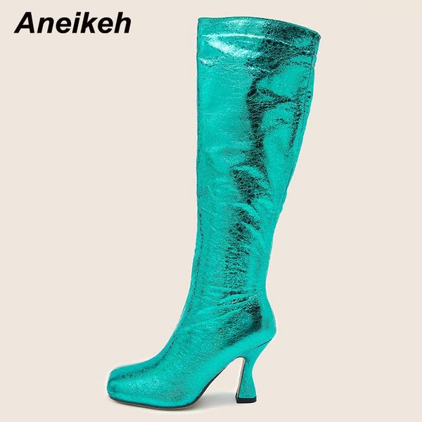 

boots aneikeh elegant bling winter women's sweet 2021 shoes slip-on sewing thin heel knee-high booties sequined cloth party, Black
