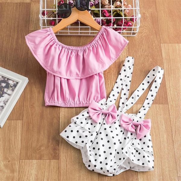 

clothing sets 2021 summer baby girls clothes 2pcs pink + polka dots print suspender shorts pants 1st birthday party for born, White