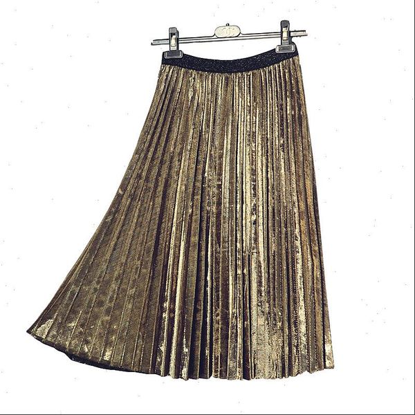 

2021 quality spring preppy style bright color silk fashion flash metal silver shiny bright silky pleated skirt ing, Black