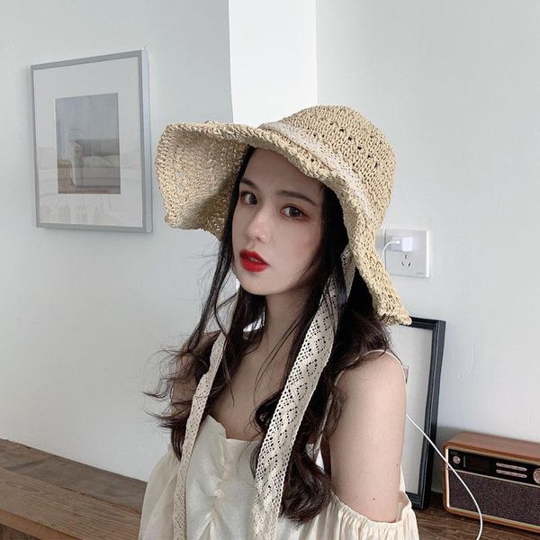 

wide brim hats 2021 summer fashion ladies big brimmed straw hat sun shade panama style bucket beach outdoor girl lace, Blue;gray