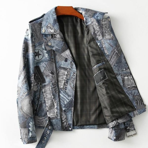 

new motorcycle coat sheepskin genuine leather clothes mens printed fashion, Black