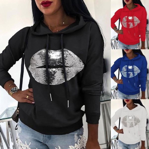 

women's hoodies & sweatshirts women lips printed sweatshirt long sleeve casual pullover shirt blouse hooded solid color hoodie, Black