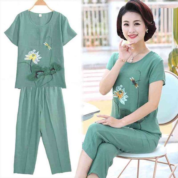 

cotton and linen summer suit middle-aged and elderly womens suits short sleeve printed casual pants 2 pcs sets, Gray