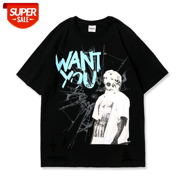 

seveyfan 2021 men's hip hop broken hole t shirts fashion letters printed tees summer cotton short sleeve for male #nh74, White;black