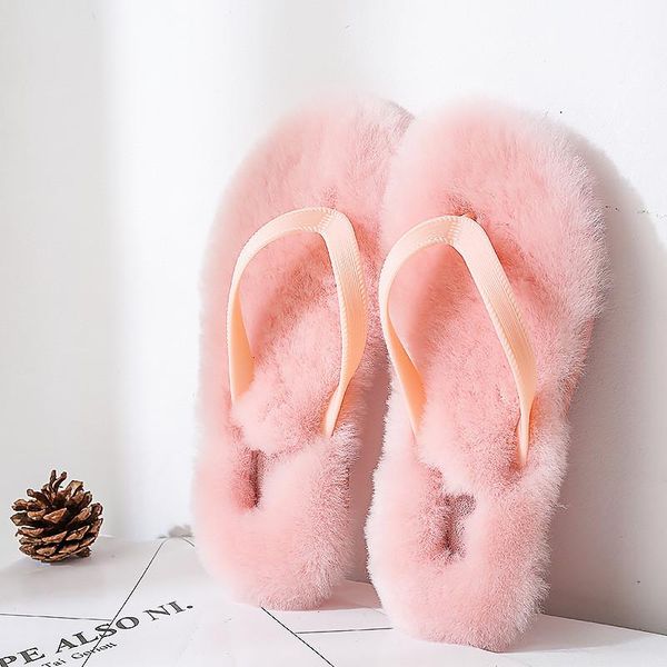 

slippers natural sheepskin home winter women indoor fur warm wool flip flops slipper lady shoes, Black