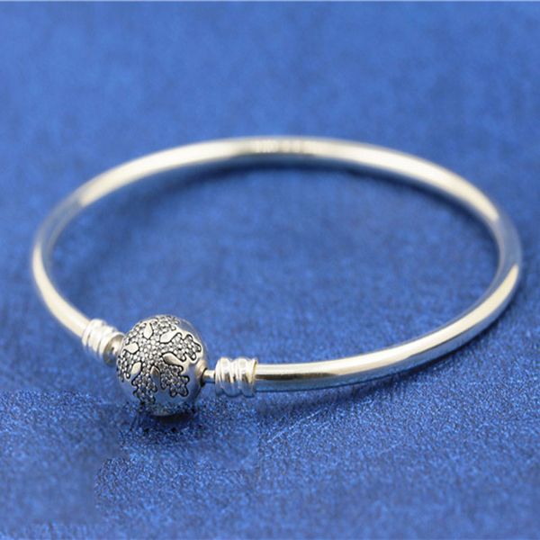 

925 sterling silver moments pave snowflake clasp smooth bangle bracelet fits for european pandora bracelets charms and beads, Golden;silver