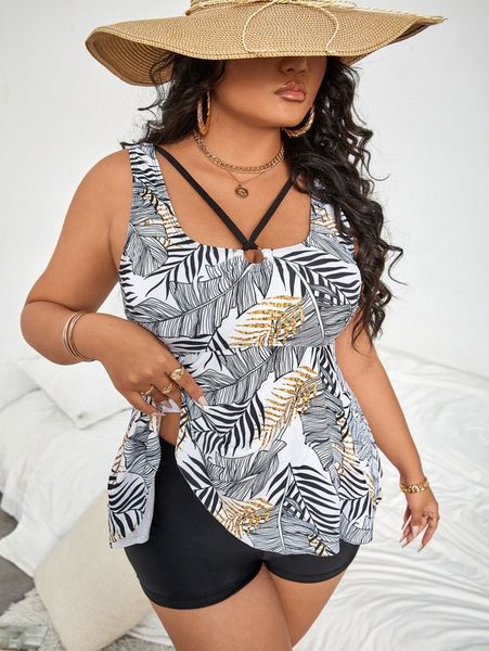 

plus tropical ruffle hem bikini swimsuit q5vt#, Black;gray