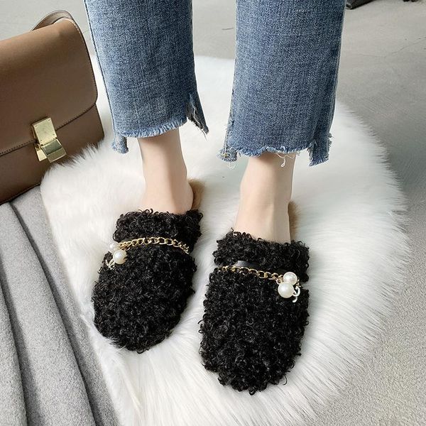 

slippers cozok 2022 winter women warm fur casual flip flops luxury home cotton shoes fashion flats soft plush shallow slides, Black