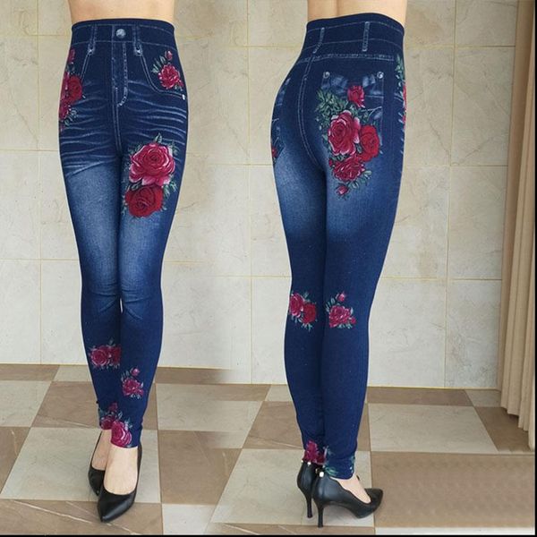 

womens autumn winter jeans plus size printing imitation denim leggings high waist wear stretch plus velvet imitation jeans z136, Blue