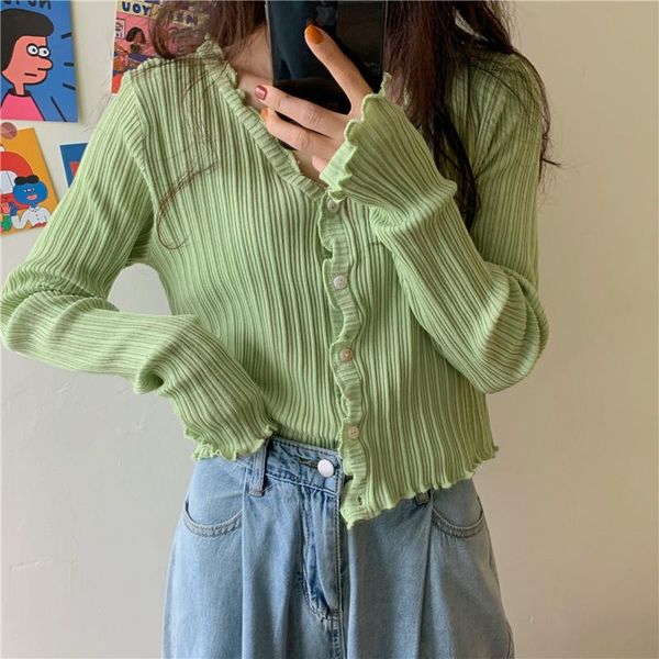 

women's knits & tees fashion solid wood ear edge long sleeve knit cardigan autumn slim v-neck casual shirt crop single breasted street, White
