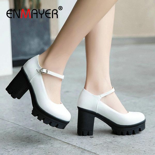 

dress shoes enmayer 2021 buckle strap luxury women casual basic pu round toe square heel spring/autumn retro platform, Black