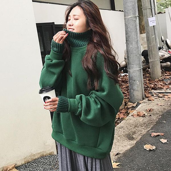 

women's hoodies & sweatshirts 2021 winter warm fleece hoodie harajuku plus velvet sweatshirt female pure color knitted patchwork thick, Black