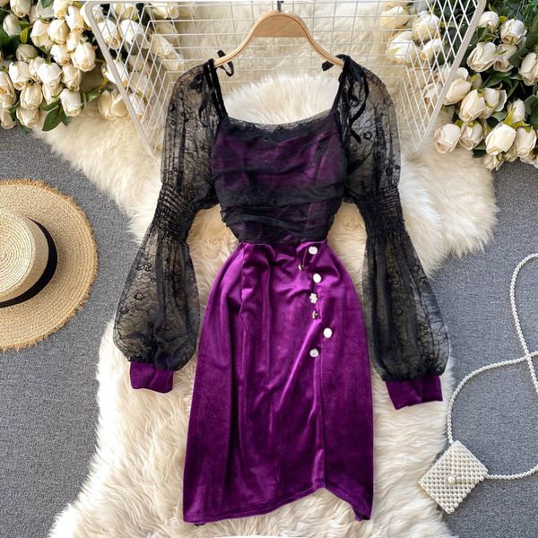 

2021 autumn square collar mesh bodycon women elegant purple veet patchwork mini vestidos female fashion pleated robe ks0h, Black;gray