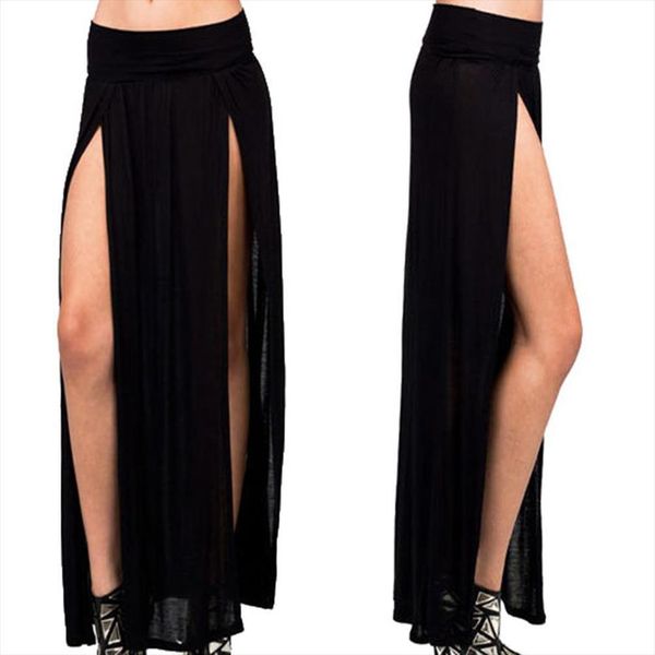 

solid color women skirt high waist double side slit cocktail full length, Black