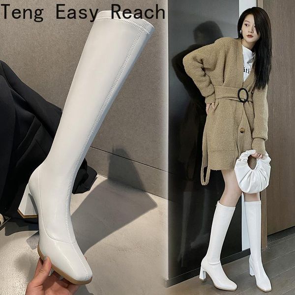 

boots fashionwoman square heel knee-high classic toe pu leather zip party dress dance shoes botas mujer 31-43, Black