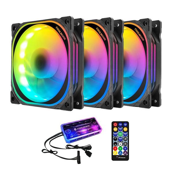 

coolmoon rgb computer case fan, 12cm mute multi-layer light+music controller remote control computer cooling fan cpu fan (3 pcs)