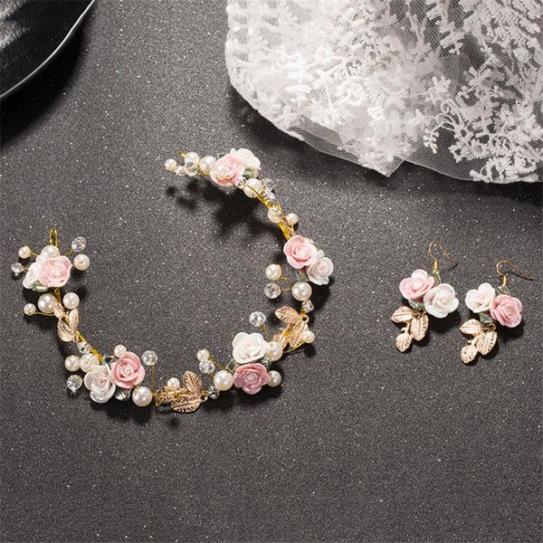 

hair clips & barrettes golden leaves handmade flower headpieces wedding bridal pearl and crystal headband earrings for bride accessories jew, Golden;silver