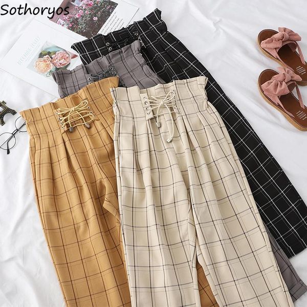 

women's pants & capris women plaid straight elastic pleated waist leisure harajuku students retro loose ulzzang all-match korean style, Black;white