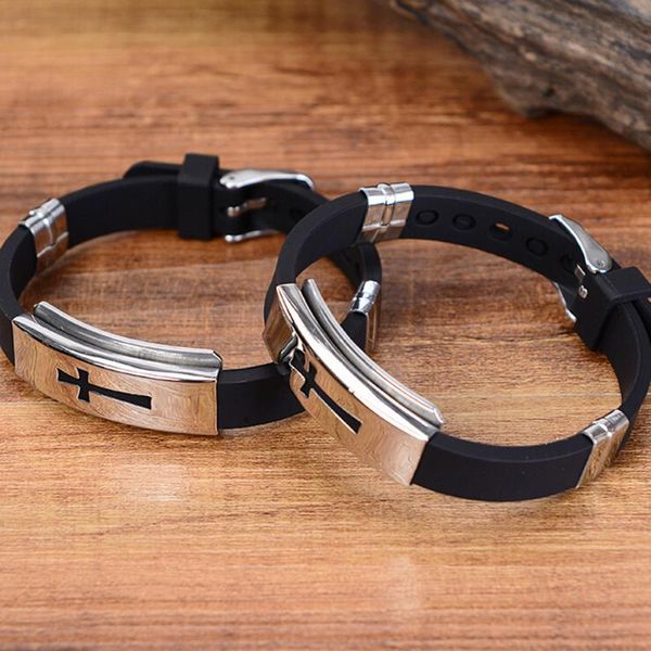

bangle cool men's stainless steel bracelet cross black rubber band for gift