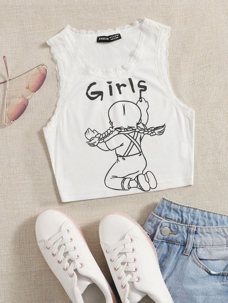 

letter & figure graphic lace trim tank 40uk#, White