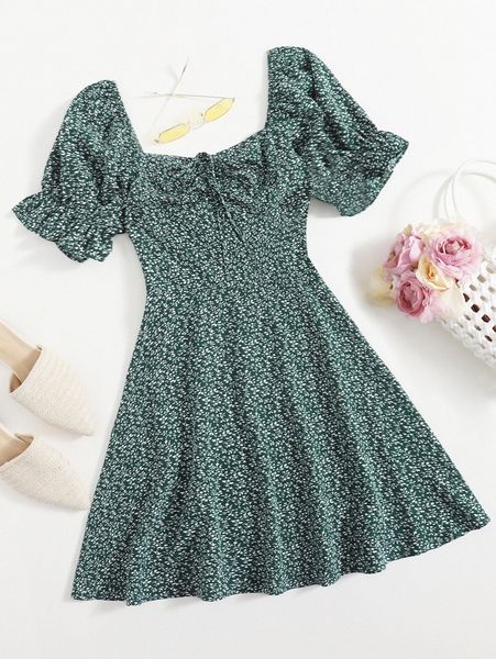 

allover plants print drawstring front ruffle cuff dress 84xc#, Black;gray