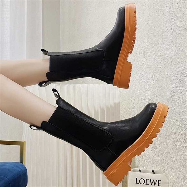 

boots autumn winter leather women boot round toe plat formheel mid-calf woman fashion short slip-on motorcycle, Black