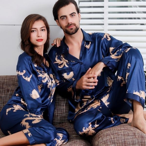 

lovers new style long-sleeve suit v-neck silk printed dragon phoenix home wear for men and women pajamas, Black;brown