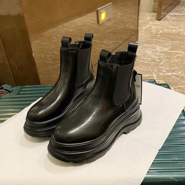 

boots leather women genuine ankle elastic slip on bottom round toe riding botas short bootines, Black
