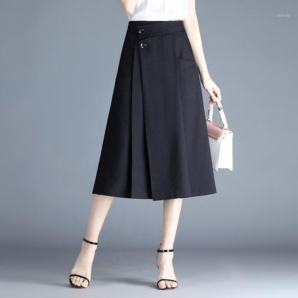 

women high waist loose casual black plus size a-line formal elegant work skirts office lady fashion splice mid-long skirt 6269