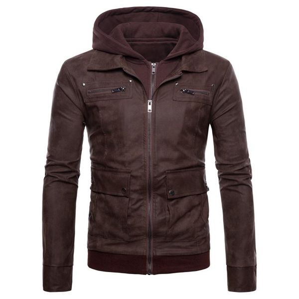 

men's fur & faux brand jacket hooded warm winter leather coats men motorcycle plus size overcoat clothing, Black