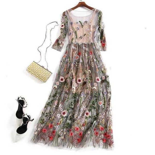 

casual dresses women es spring summer bohemian fashion elegant vintage mesh chic floral embroidery party long f8k6, Black;gray