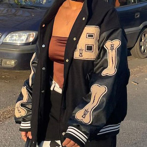 

women's jackets varsity baseball jacket women hip hop harajuku bone letter patchwork leather streetwear couple college coat, Black;brown