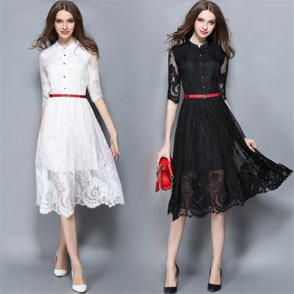 

casual dresses spring summer female long lace dress work slim women party waist receipt medium sleeve floral, Black;gray