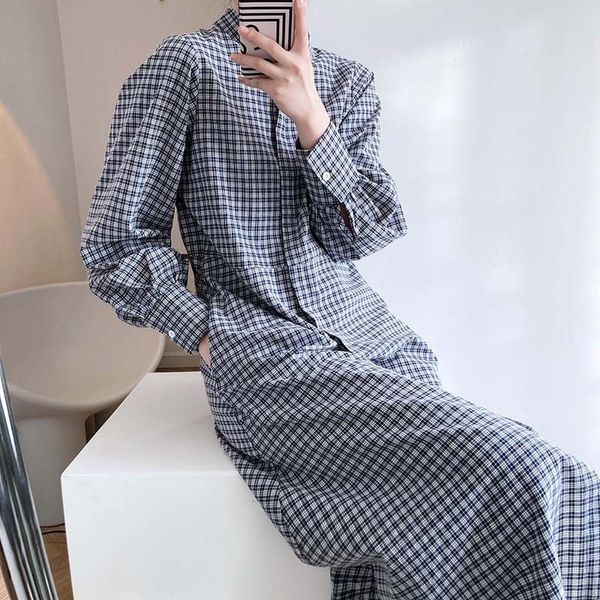

summer new 2021 plaid stand collar loose style vintage maxi elegant women clothes vestidos kn72, Black;gray