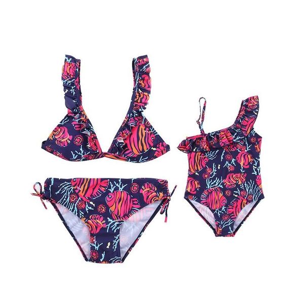 

one-piece suits mom baby one piece swimsuit women low waist swimwear girls print bathing suit parent-child beachwear ruffle triangle bikini